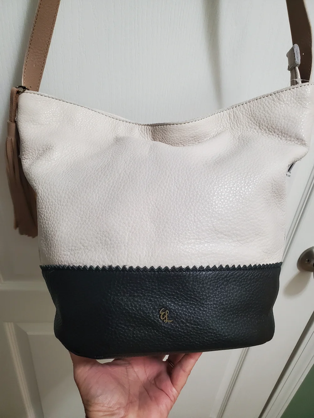 Elliot Lucca Ivory And Black Pebble Leather Hobo Shoulder/ Crossbody NWT